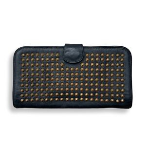 Black Studded Genuine Leather Long Bifold Wallet Vintage (Flawed)